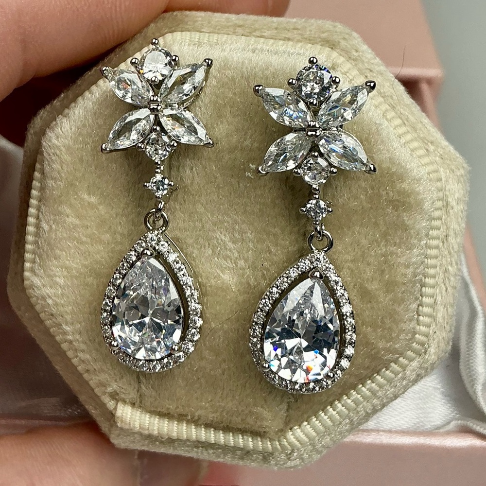 Pear Cut CZ Bridal Drop Earrings Silver Tone Floral Wedding Sparkly Earrings